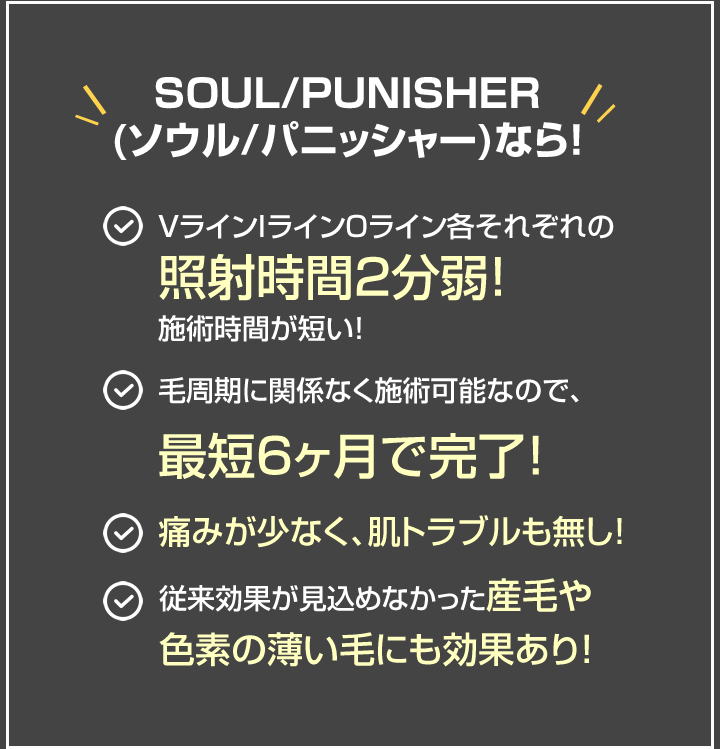 VラインIラインOライン各それぞれの照射時間2分弱！施術時間が短い！/毛周期に関係なく施術可能なので、
最短6ヶ月で完了！/痛みが少なく、肌トラブルも無し！/従来効果が見込めなかった産毛や色素の薄い毛にも効果あり！